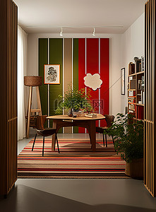 木桌盆栽背景图片_条纹墙隔板后面有一张木桌和椅子