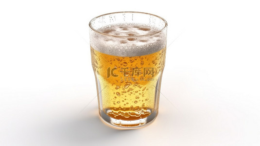 白色背景的 3D 渲染，玻璃杯中装满了类似于啤酒的水