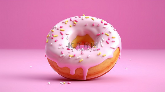 吃蛋糕吃蛋糕背景图片_杏仁糖霜在特写甜甜圈顶部隔离并漂浮在 3D 渲染中的粉红色背景上