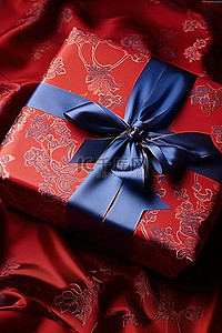 红色织物背景图片_红色织物上的红色和蓝色礼品包装