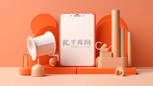 橙色讲台上扩音器的 3D 渲染，展示智能手机的销售和折扣海报