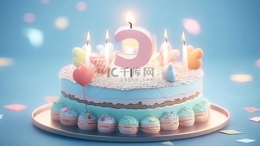 柔和的生日蛋​​糕派对 3D 渲染，带有 5 号蜡烛和蓝色背景上的复制空间