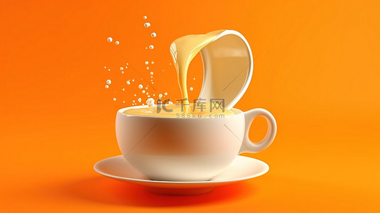 水杯白色背景图片_充满新鲜橙汁的白色杯子的 3D 渲染，在充满活力的橙色背景下设置