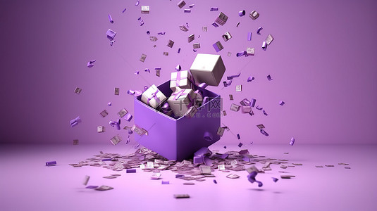 3D 礼品盒打开，“销售”漂浮在紫色背景渲染图像上