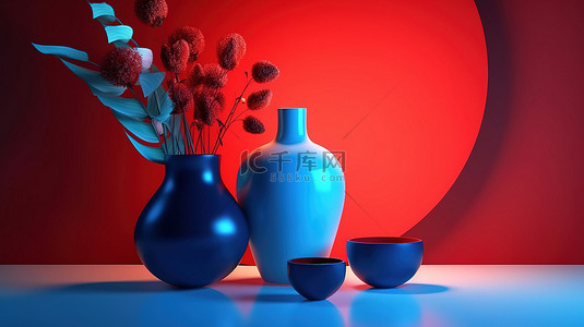 红色装饰线条背景图片_红色和蓝色的明亮色调的发光几何形状围绕 3D 渲染中的锅和花瓶
