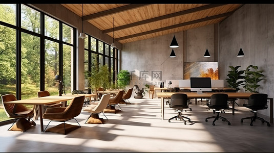 现代联合办公空间混凝土木材和自然光的 3D 渲染
