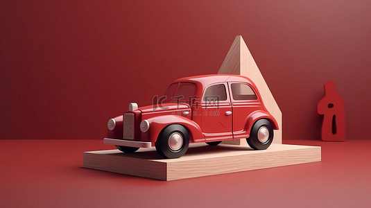 复古木制汽车玩具展示了基座上红色古董车的 3D 渲染