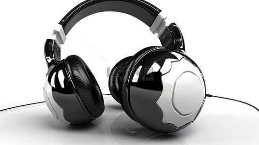 白色背景上搭配时尚黑色耳机的复古足球的 3D 渲染