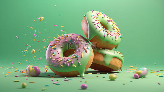 绿色蛋糕背景图片_绿色釉面甜甜圈装饰着洒在通过 3D 渲染创建的柔和色彩的天空上翱翔