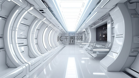 具有视点隧道和走廊的明亮宽敞太空飞船内部的 3d 渲染