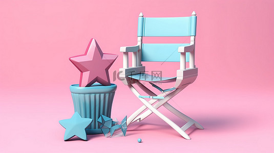 复古星形背景与导演椅电影拍板和扩音器 3D 渲染