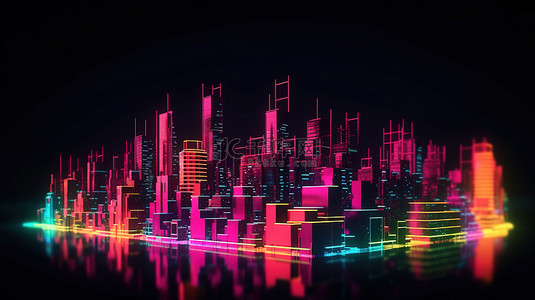 抽象 3D 渲染中发光城市的轮廓