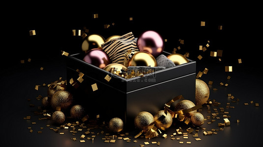 金色纸屑背景图片_逼真的 3D 礼品盒，配有节日丝带明亮的小球和闪闪发光的金色五彩纸屑，适合新年