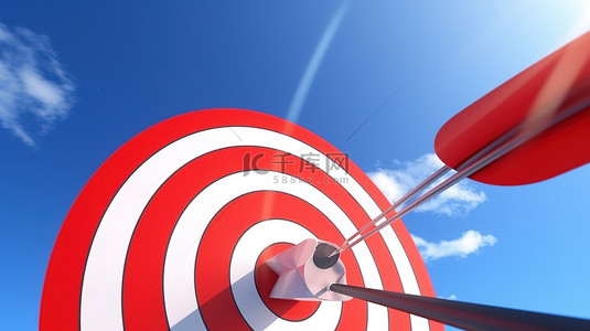 射箭场射箭俱乐部背景图片_金属箭头击中蓝天背景 3D 渲染的大红白靶心目标