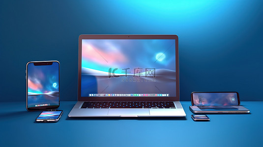 3D 插图中蓝色墙架笔记本电脑手机和平板电脑上显示的数字设备