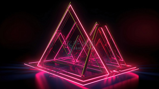 线条浅色背景图片_发光的线条在深色背景的 3D 渲染中拥抱抽象的粉红色霓虹三角形