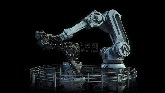 3D 渲染的机器人手臂在自动化工厂概念中与黑色背景隔离