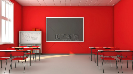 红墙上有白板的教室 3D 模型