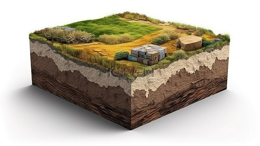 土壤和草的方形横截面的 3D 孤立插图，泥土被切掉