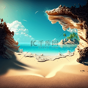 蓝色海洋背景背景图片_蓝天云朵阳光海平线沙滩上的沙子蓝色海洋背景