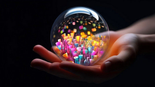 通过 3D 渲染制作的玻璃球体中手握的发光灯泡时尚简约的设计