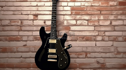 复古风格的砖墙背景突出了令人惊叹的黑色电吉他 3D 渲染