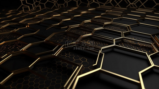 现代黑色六边形墙纸与金线在 3d 渲染中用于创新网络技术