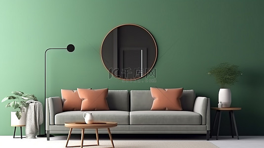 绿色沙发背景图片_客厅中的棕色沙发和绿色装饰 3D 模型