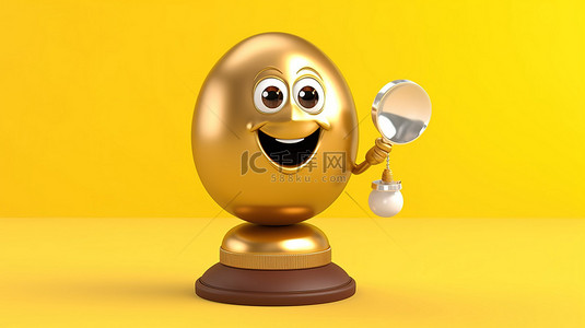 酒店早餐背景图片_黄色背景 3D 渲染酒店铃声，带有类似于棕色鸡蛋人的角色吉祥物