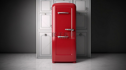食物红色背景图片_复古红色冰箱单色 3D 渲染复古厨房用具