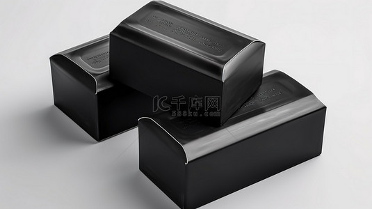 时尚的黑色肥皂包，白色背景上带有条皂，3D 渲染隔离