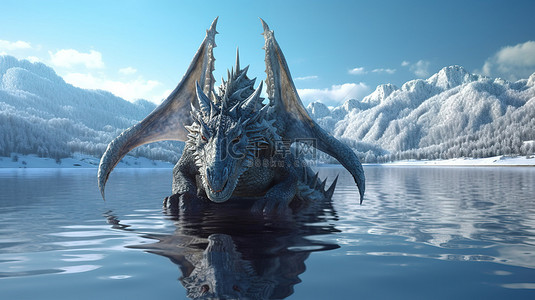 3d 渲染的龙对雪山反映在冰冻的湖面上