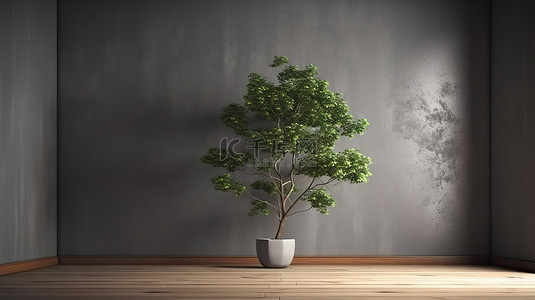 木地板灰色墙壁和左边的一棵小绿树 3d 渲染内部背景，带有文本空间