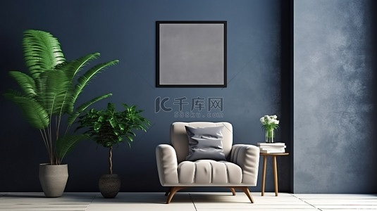 深蓝色客厅墙上的花朵装饰画框，配有混凝土扶手椅 3D 渲染