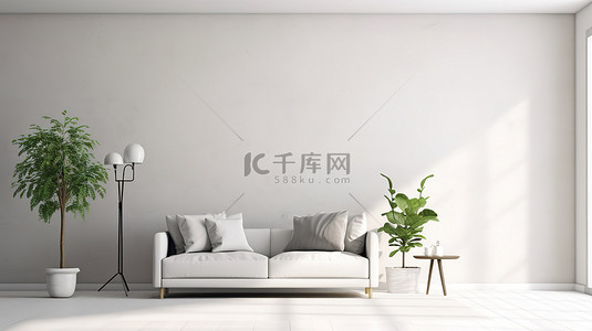 时尚简约的白色客厅内部采用简约设计和空墙 3D 模型