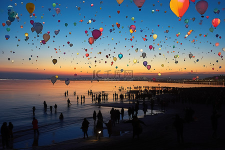 旅行气球背景图片_气球飞过海滩