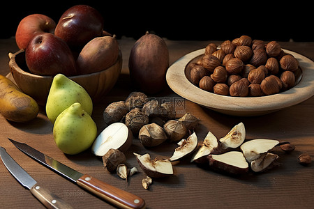 食品栗子背景图片_木桌上的奇亚籽栗子抱子甘蓝和苹果