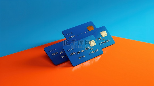 橙色背景正面和背面蓝色信用卡的无现金支付概念 3d 渲染