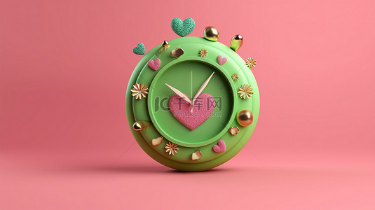 粉红色和绿色背景下心形时钟的 3D 渲染