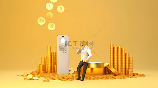 从事金融业务的男性角色用金币和图形概念通过电话交谈的 3D 渲染