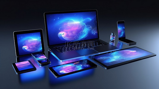 电脑和手机背景图片_独立的 3D 渲染笔记本电脑平板电脑和手机集