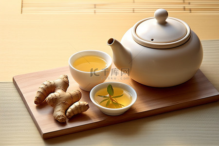 香料木板背景图片_木板上的姜茶壶和勺子