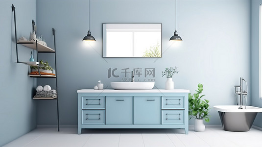 宽敞的浴室设计，配有光滑的洗脸盆和 3D 渲染的浅蓝色橱柜