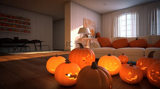 在 3D 渲染的客厅里摆满南瓜的幽灵般的万圣节狂欢