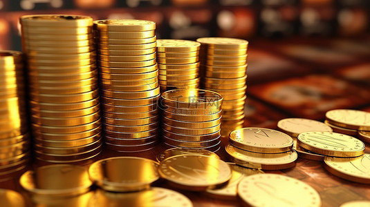代表业务增长和财务成功的金币堆栈条形图的 3D 渲染