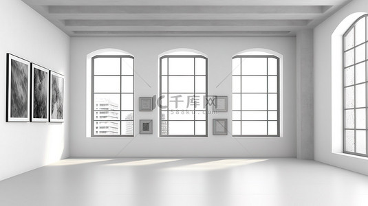 优雅的房间设计白色水泥墙瓷砖地板相框和窗户呈现温暖的白色色调
