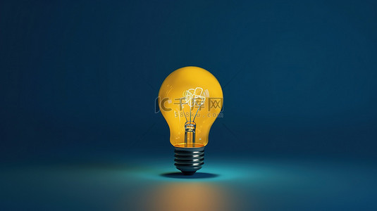 黄色灯背景图片_极简主义 3D 渲染蓝色背景，带有漂浮在空中的孤立黄色灯泡