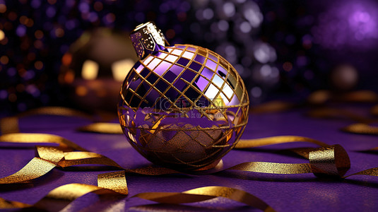 3D 渲染的节日贺卡，配有紫色和金色圣诞饰品，营造欢乐的季节