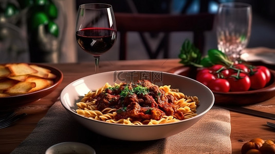 美味佳肴背景图片_品尝美味佳肴 3D 渲染的意大利面和猪肉搭配红酒