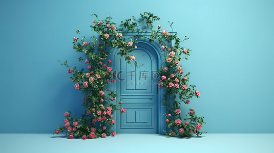 植物墙壁背景图片_蓝色墙壁的 3D 渲染，装饰着蓝色攀缘玫瑰和配套的门